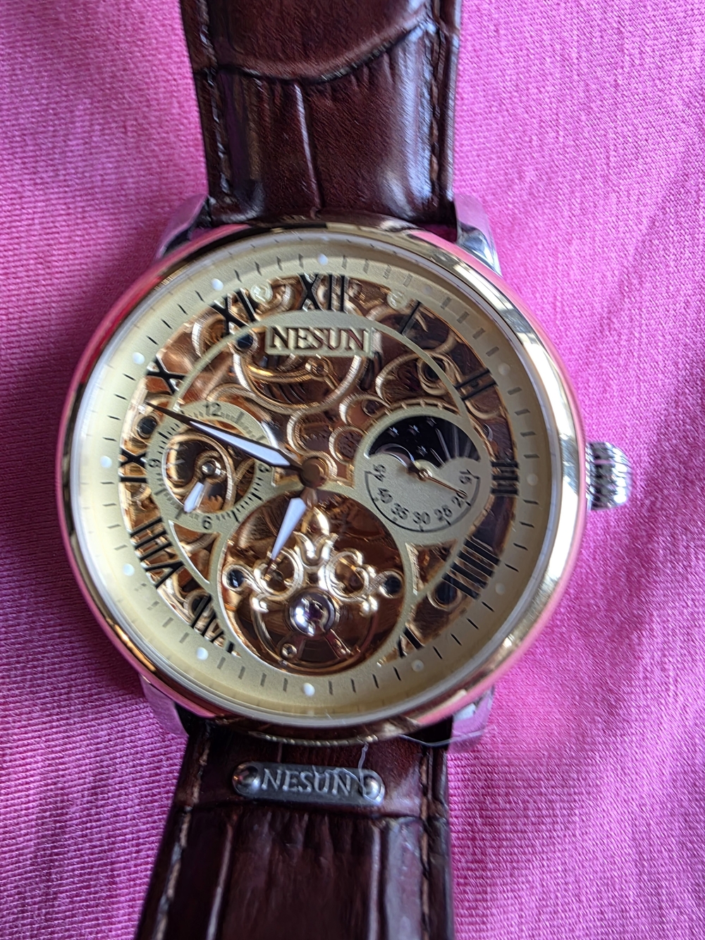 Nesun Men’s Automatic Skeleton Watch Gold Tone Brown Leather Moonphase